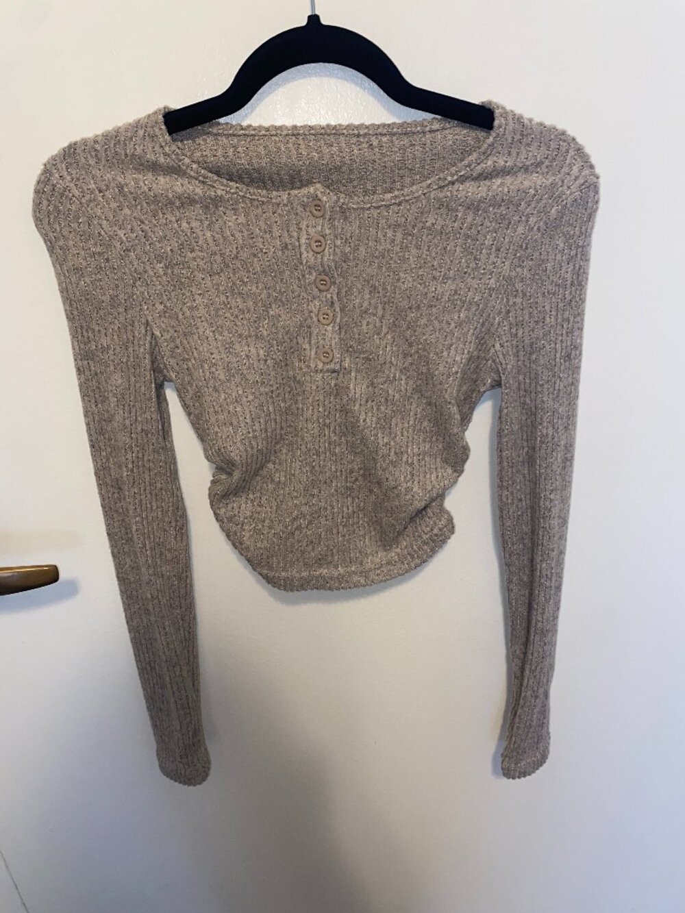 SHEIN Ribbed Beige Cropped Long Sleeve Button Front Top